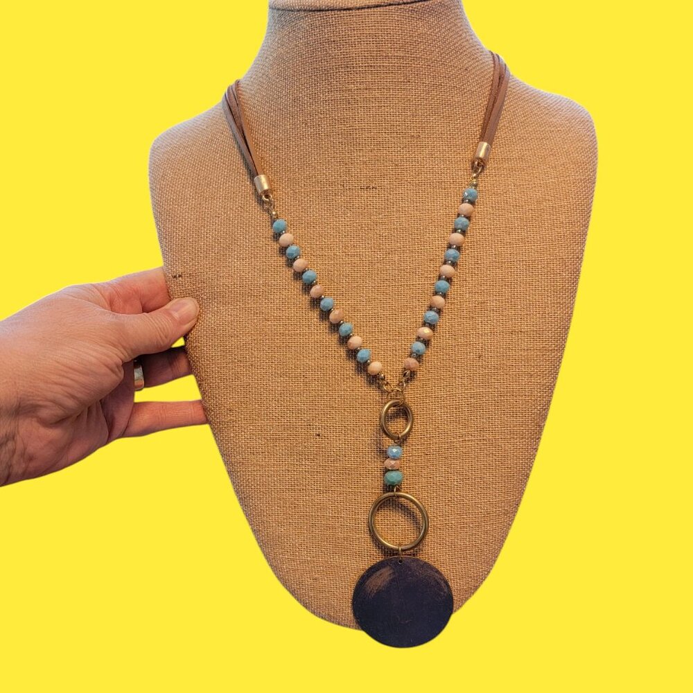 Y Pendant Necklace Blue/White Beads Large Golden Disc Leather Cord